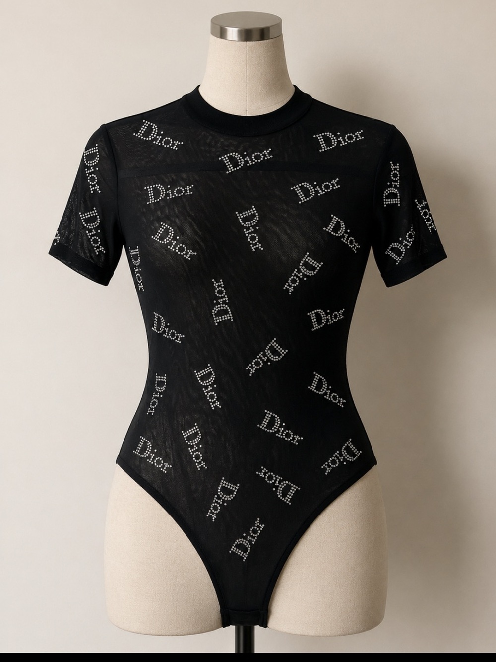 Dior Black Sheer Logo-Print Short Sleeve Bodysuit